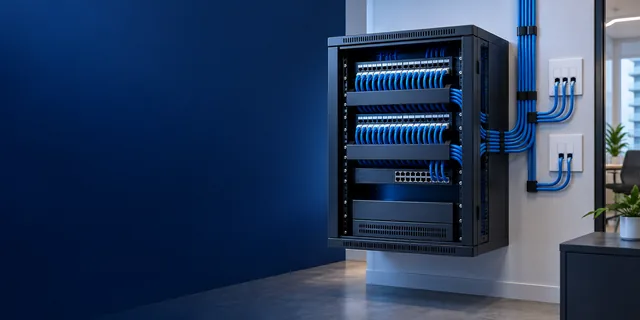 Rack e cabos de rede organizados para uma instalação profissional.