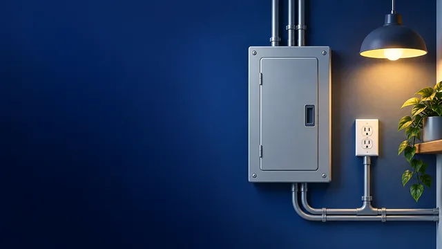 Quadro elétrico, conduítes e tomada em ambiente residencial.