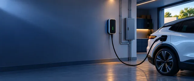 Carregador veicular instalado em garagem junto ao carro elétrico.