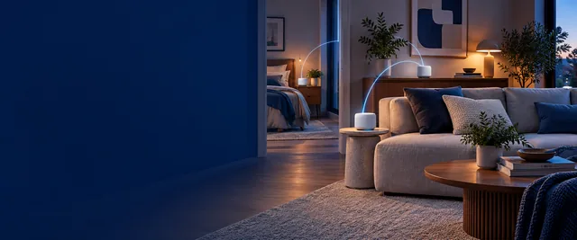 Ambientes de uma casa conectados por pontos de Wi-Fi.